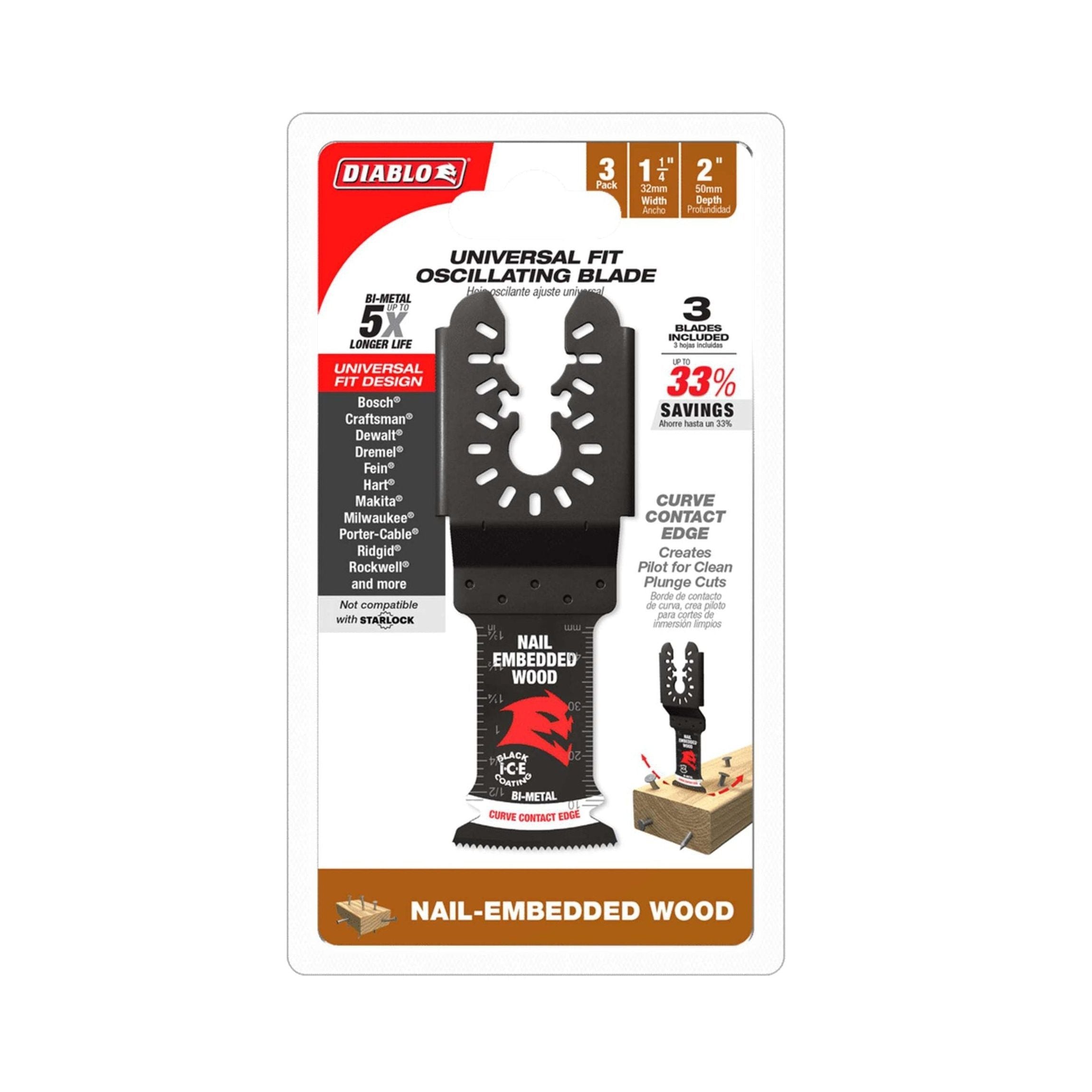 The DIABLO DOU125BW3 Demo Demon™ blades, in a sleek black with a red logo, are engineered for nail-embedded wood. Featuring an ultra-hardened cutting edge and Black I.C.E. coating, these universal fit bi-metal oscillating blades ensure durability and tool compatibility. Available in a 3-pack.